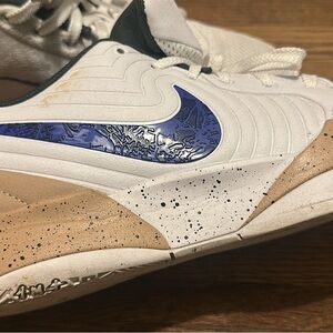 Nike White and Brown Sneakers with Textured Blue Swoosh